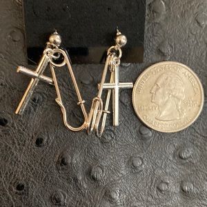 DANGLY SILVER SAFETY PIN & CROSS POST EARRINGS